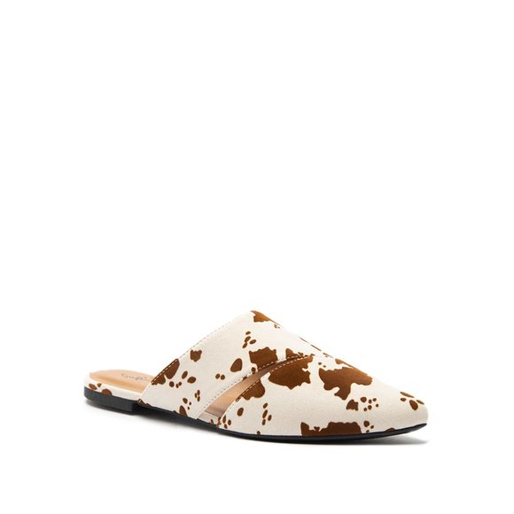 Qupid Shoes - Cow Print Vegan Suede Mule Flats